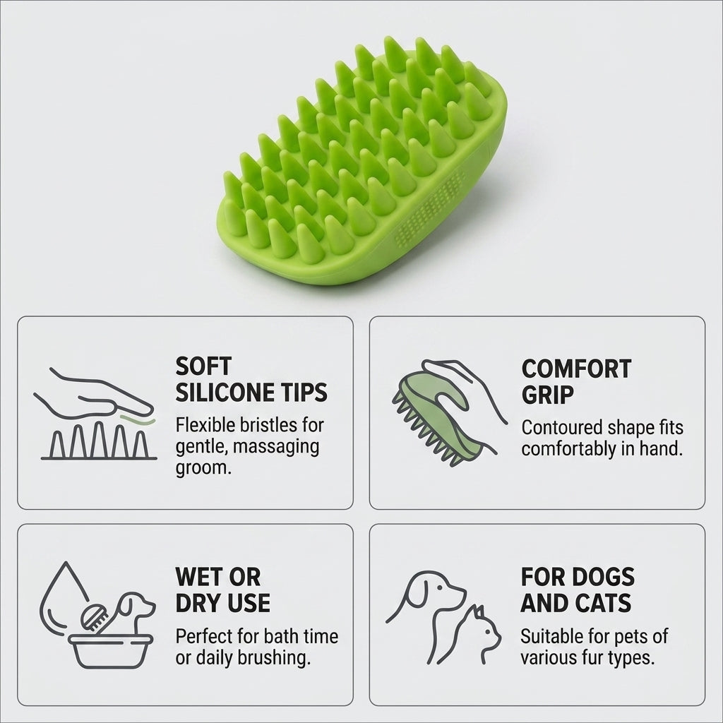 Silicone Pet Grooming Brush – Heavy-Duty Bath & Massage Brush for Dogs and Cats (Green) | Paws Palace