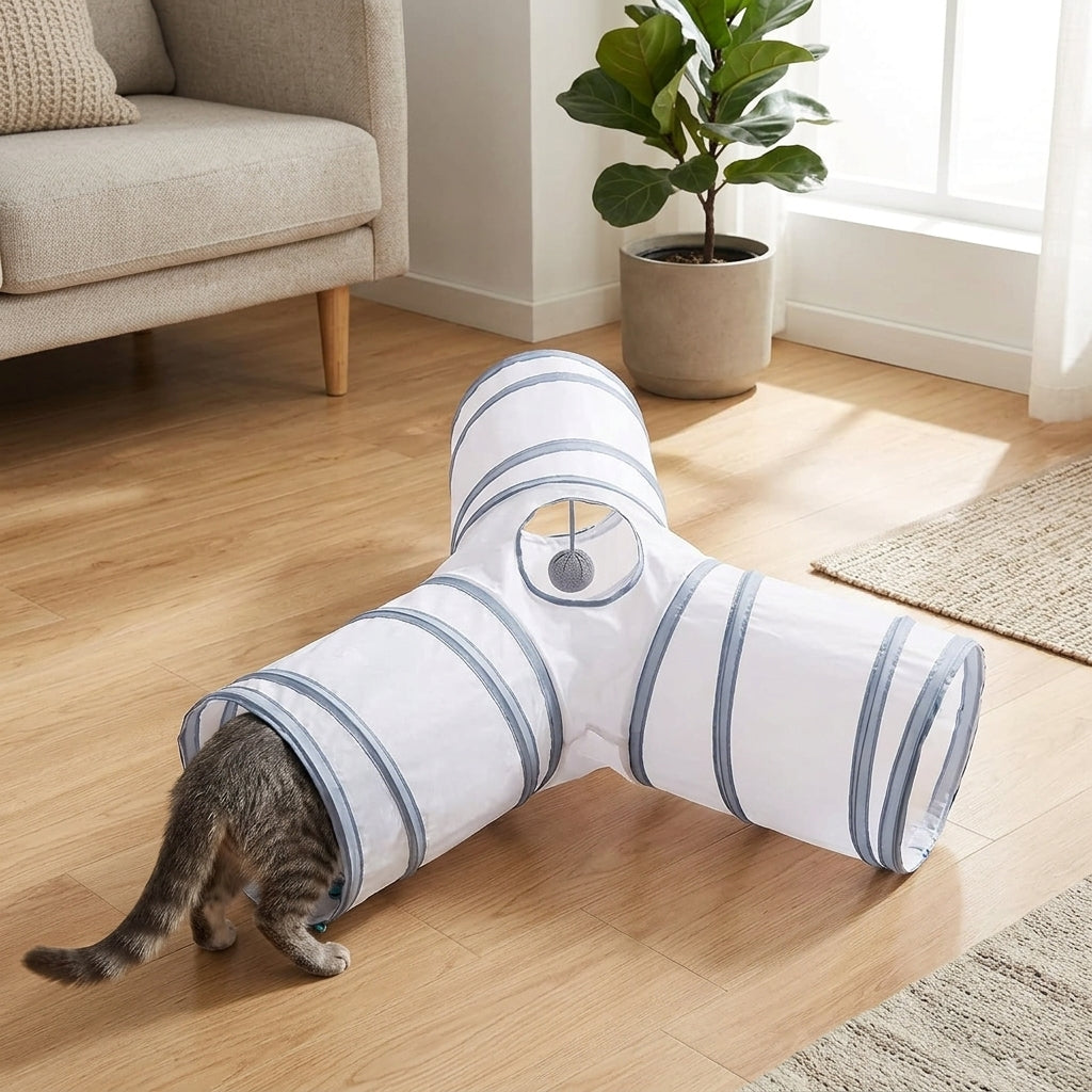 Collapsible 3-Way Cat Tunnel – White & Grey Indoor Play Tunnel with Ball Toy | Paws Palace