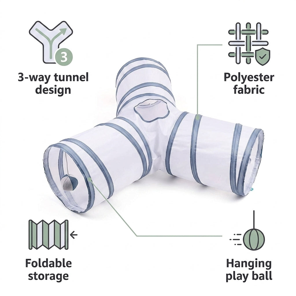 Collapsible 3-Way Cat Tunnel – White & Grey Indoor Play Tunnel with Ball Toy | Paws Palace