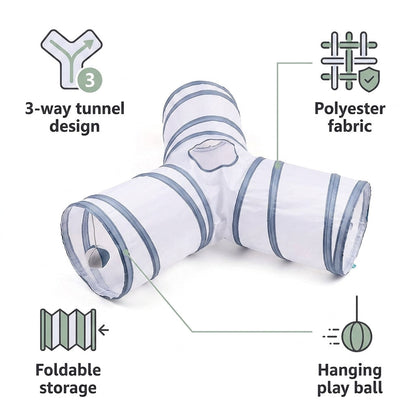 Collapsible 3-Way Cat Tunnel – White & Grey Indoor Play Tunnel with Ball Toy | Paws Palace