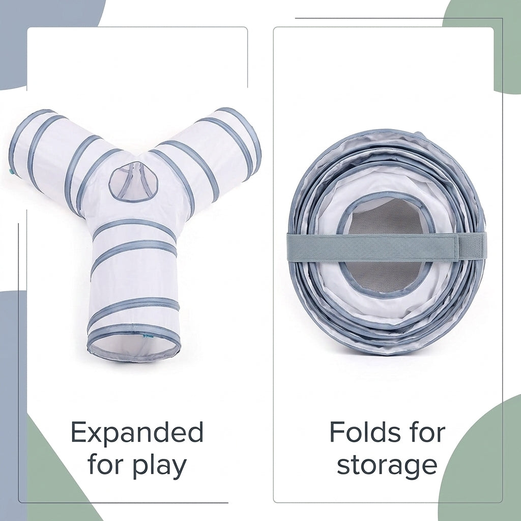 Collapsible 3-Way Cat Tunnel – White & Grey Indoor Play Tunnel with Ball Toy | Paws Palace