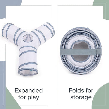 Collapsible 3-Way Cat Tunnel – White & Grey Indoor Play Tunnel with Ball Toy | Paws Palace