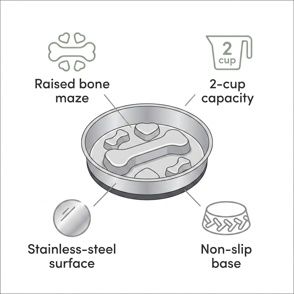 Stainless Steel Slow Feeder Bowl – 2-Cup Bone Maze Bowl for Dogs & Cats | Paws Palace