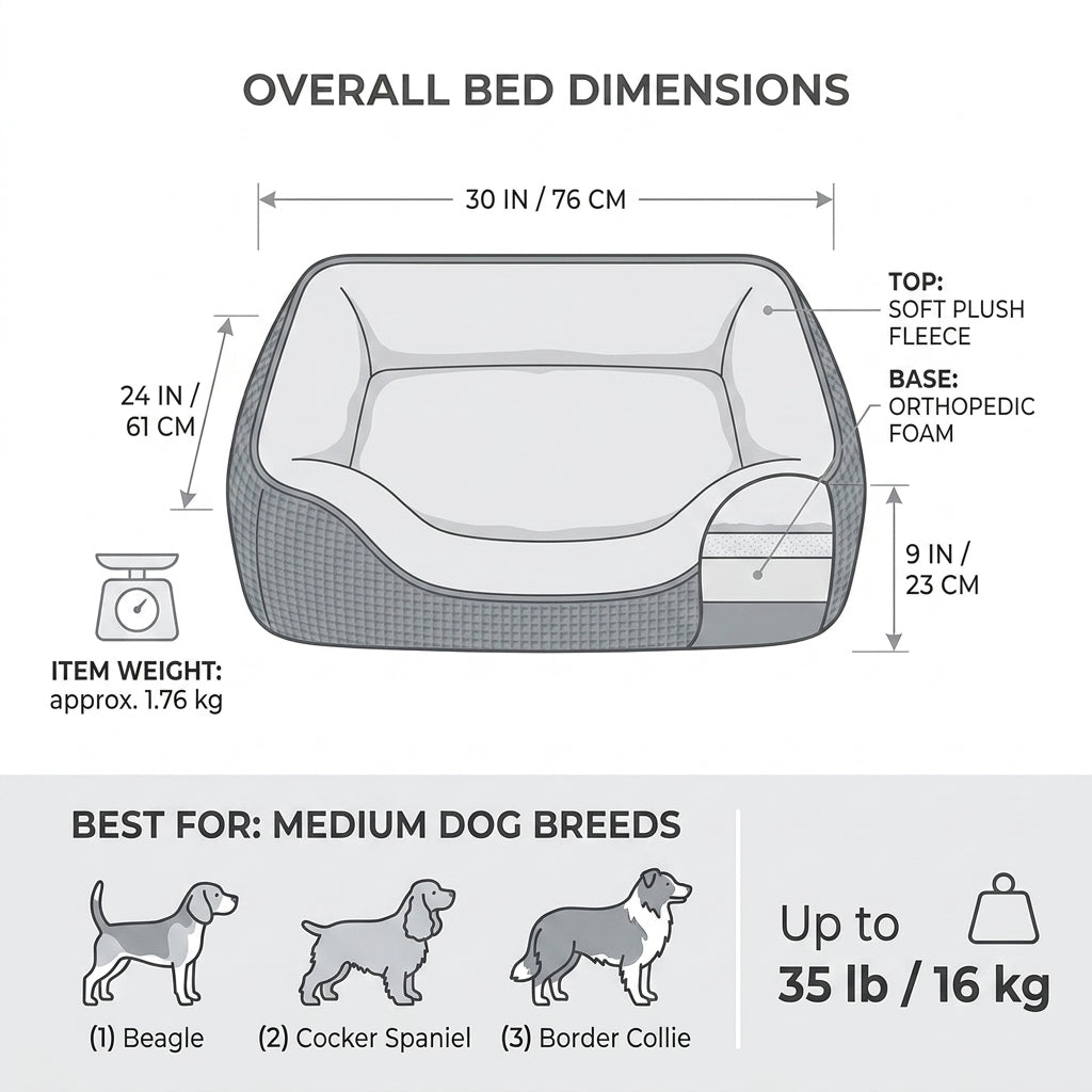 Orthopedic Rectangle Dog Bed – 30" Medium Washable Pet Bed with Raised Bolsters (Grey) | Paws Palace