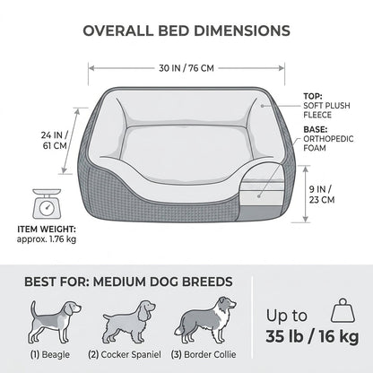 Orthopedic Rectangle Dog Bed – 30" Medium Washable Pet Bed with Raised Bolsters (Grey) | Paws Palace