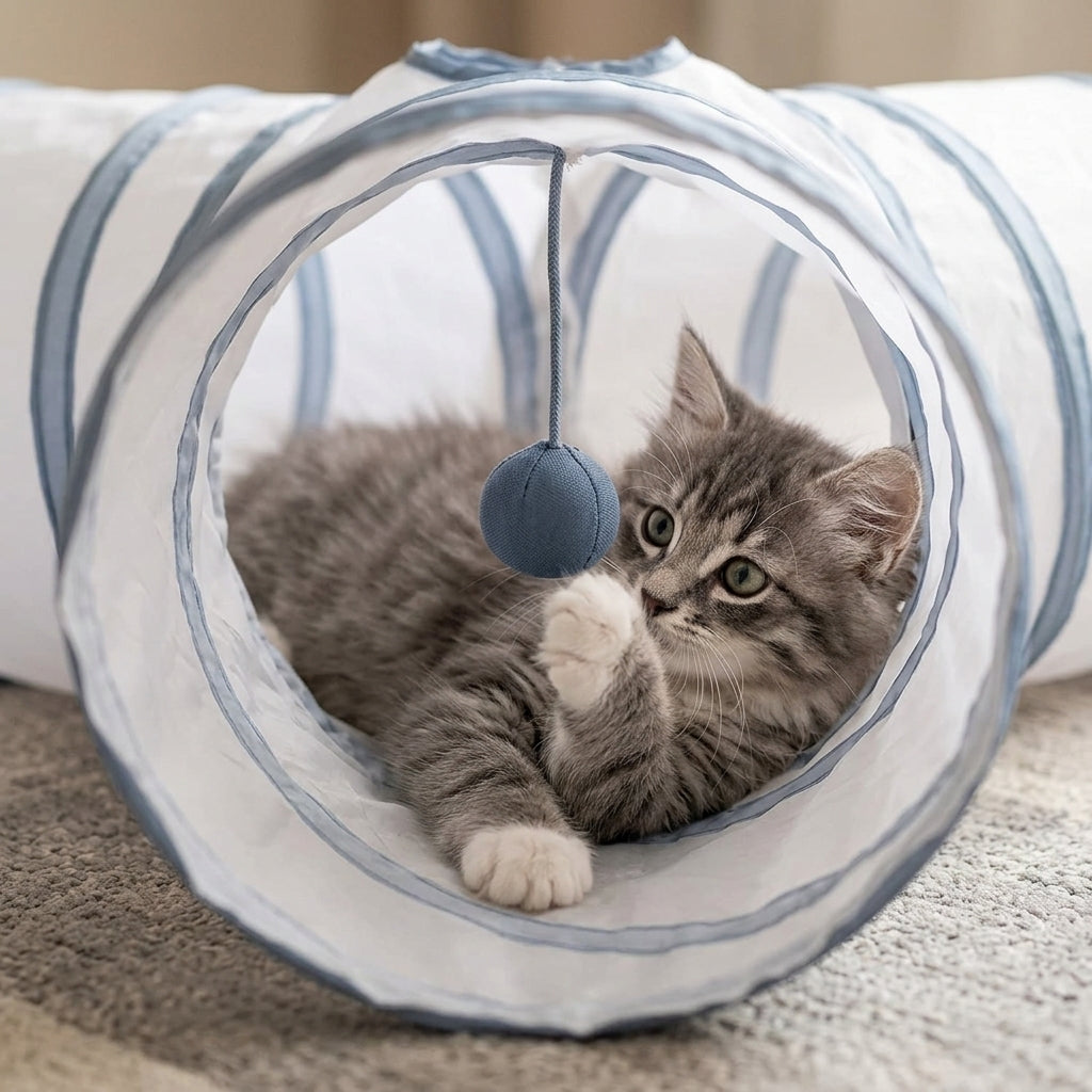 Collapsible 3-Way Cat Tunnel – White & Grey Indoor Play Tunnel with Ball Toy | Paws Palace