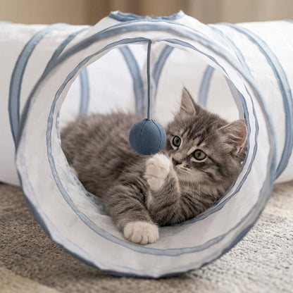 Collapsible 3-Way Cat Tunnel – White & Grey Indoor Play Tunnel with Ball Toy | Paws Palace