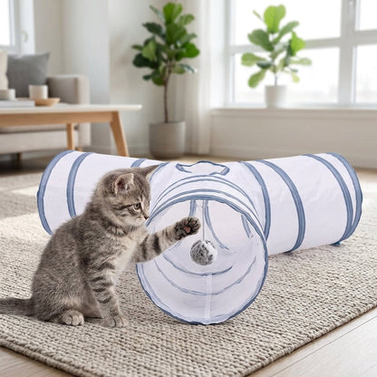 Collapsible 3-Way Cat Tunnel – White & Grey Indoor Play Tunnel with Ball Toy | Paws Palace
