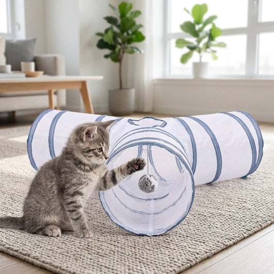 Collapsible 3-Way Cat Tunnel – White & Grey Indoor Play Tunnel with Ball Toy | Paws Palace