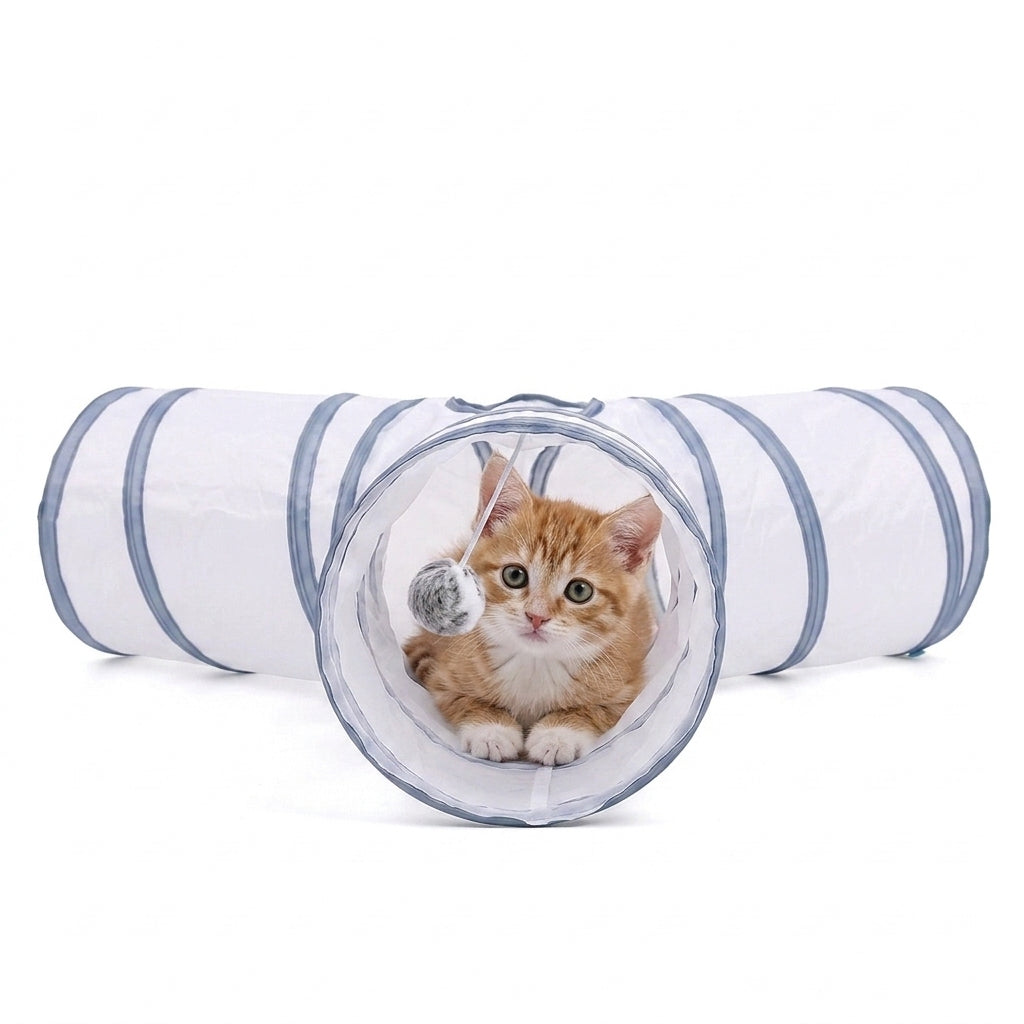 Collapsible 3-Way Cat Tunnel – White & Grey Indoor Play Tunnel with Ball Toy | Paws Palace