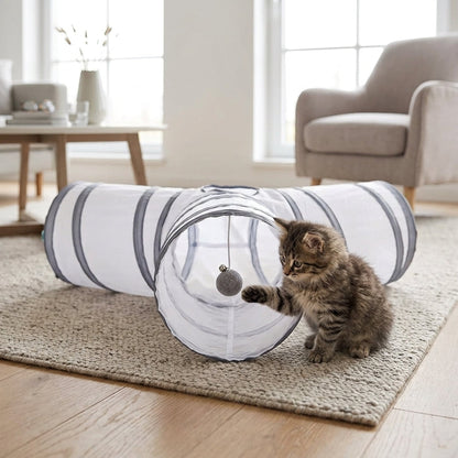 Collapsible 3-Way Cat Tunnel – White & Grey Indoor Play Tunnel with Ball Toy | Paws Palace