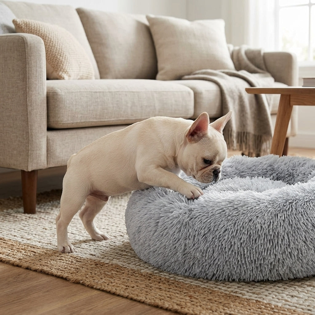 Calming Donut Pet Bed – 20" Plush Bed for Small Dogs & Cats (Light Grey) | Paws Palace