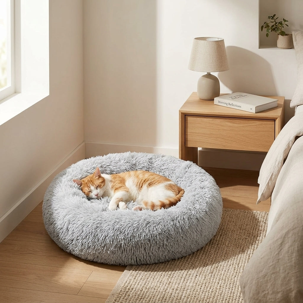 Calming Donut Pet Bed – 20" Plush Bed for Small Dogs & Cats (Light Grey) | Paws Palace