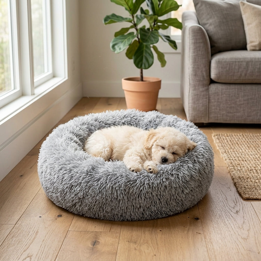 Calming Donut Pet Bed – 20" Plush Bed for Small Dogs & Cats (Light Grey) | Paws Palace