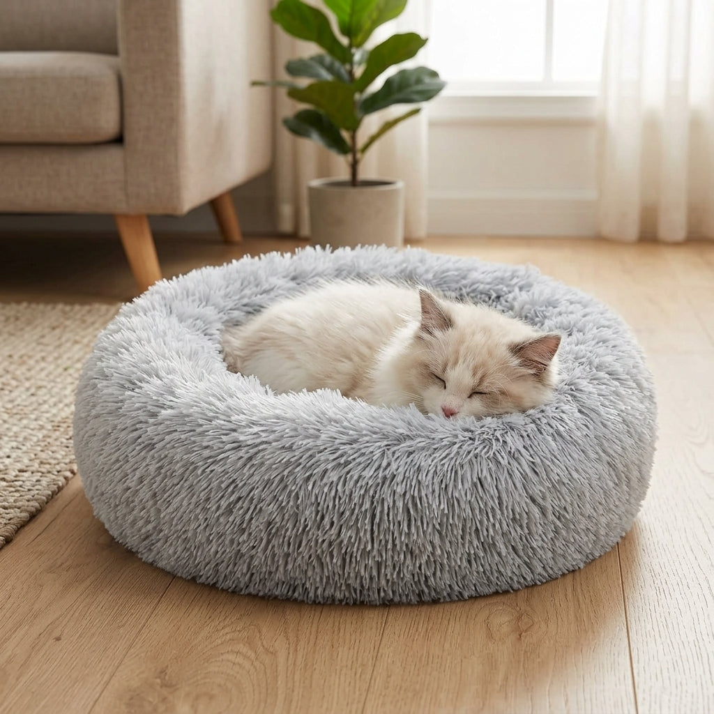 Calming Donut Pet Bed – 20" Plush Bed for Small Dogs & Cats (Light Grey) | Paws Palace