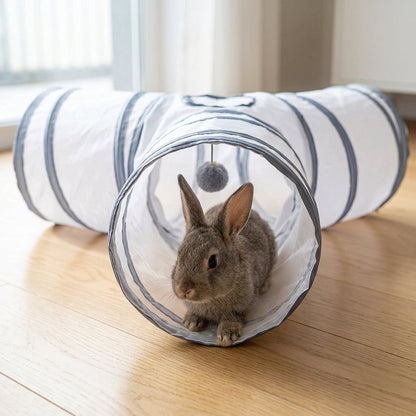 Collapsible 3-Way Cat Tunnel – White & Grey Indoor Play Tunnel with Ball Toy | Paws Palace