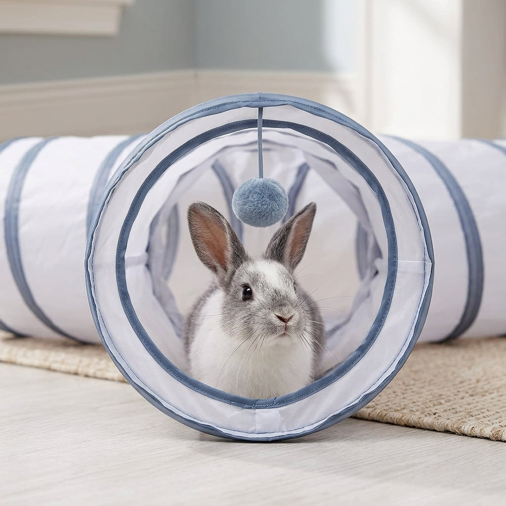 Collapsible 3-Way Cat Tunnel – White & Grey Indoor Play Tunnel with Ball Toy | Paws Palace