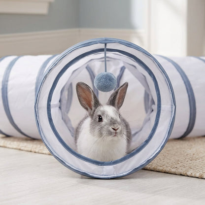 Collapsible 3-Way Cat Tunnel – White & Grey Indoor Play Tunnel with Ball Toy | Paws Palace