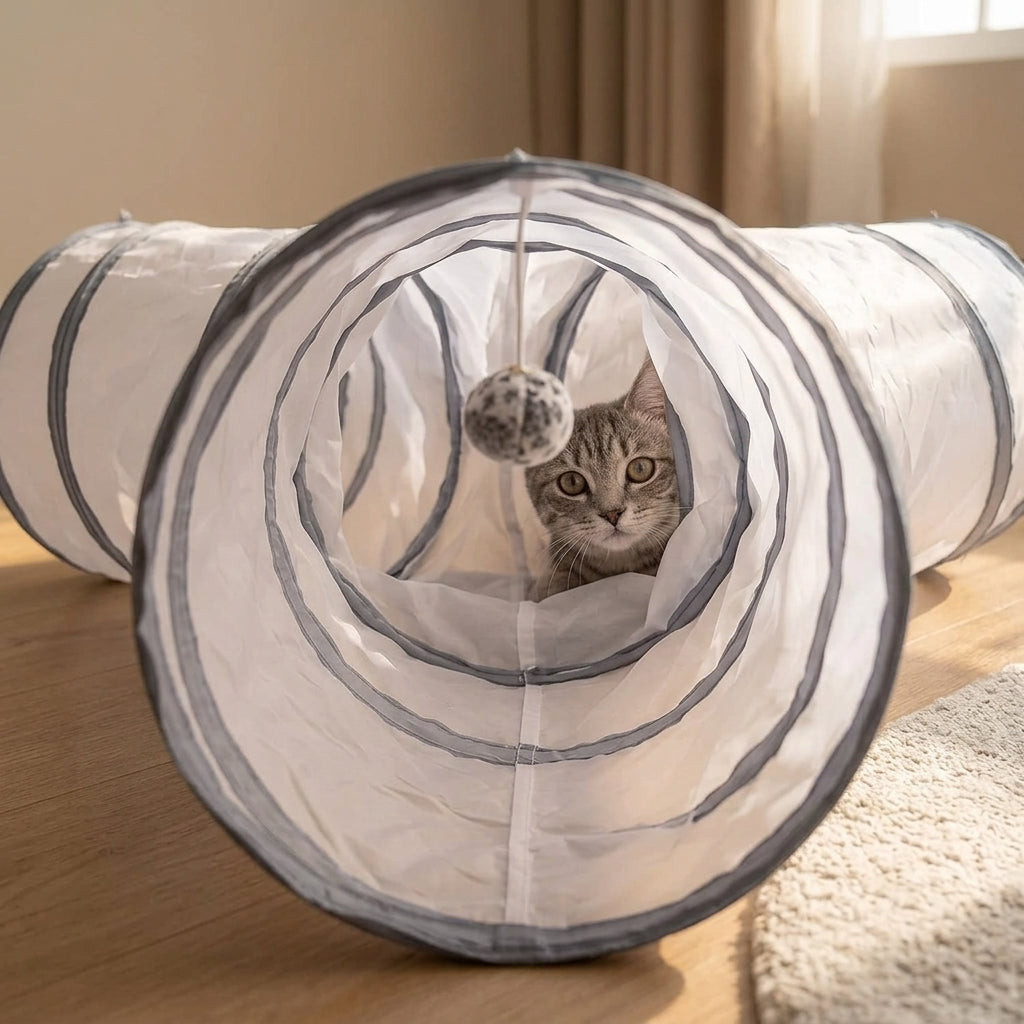 Collapsible 3-Way Cat Tunnel – White & Grey Indoor Play Tunnel with Ball Toy | Paws Palace